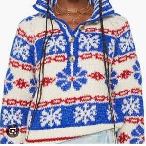 Mother buttoned funnel sweater snow daze blue print